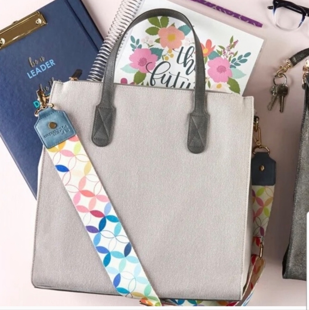 Erin Condren Planner Laptop Bag Wheat With Gray And Preppy Turquiose Navy Strap